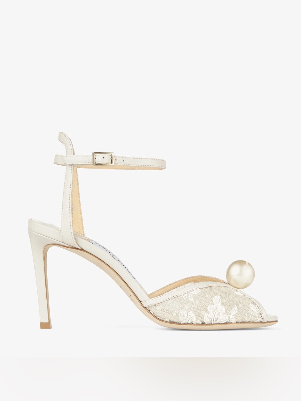Jimmy Choo Sacora 85 MM Ivory Lace Peep-Toe Ankle Strap Heels with Pearl - Picture 16 of 16